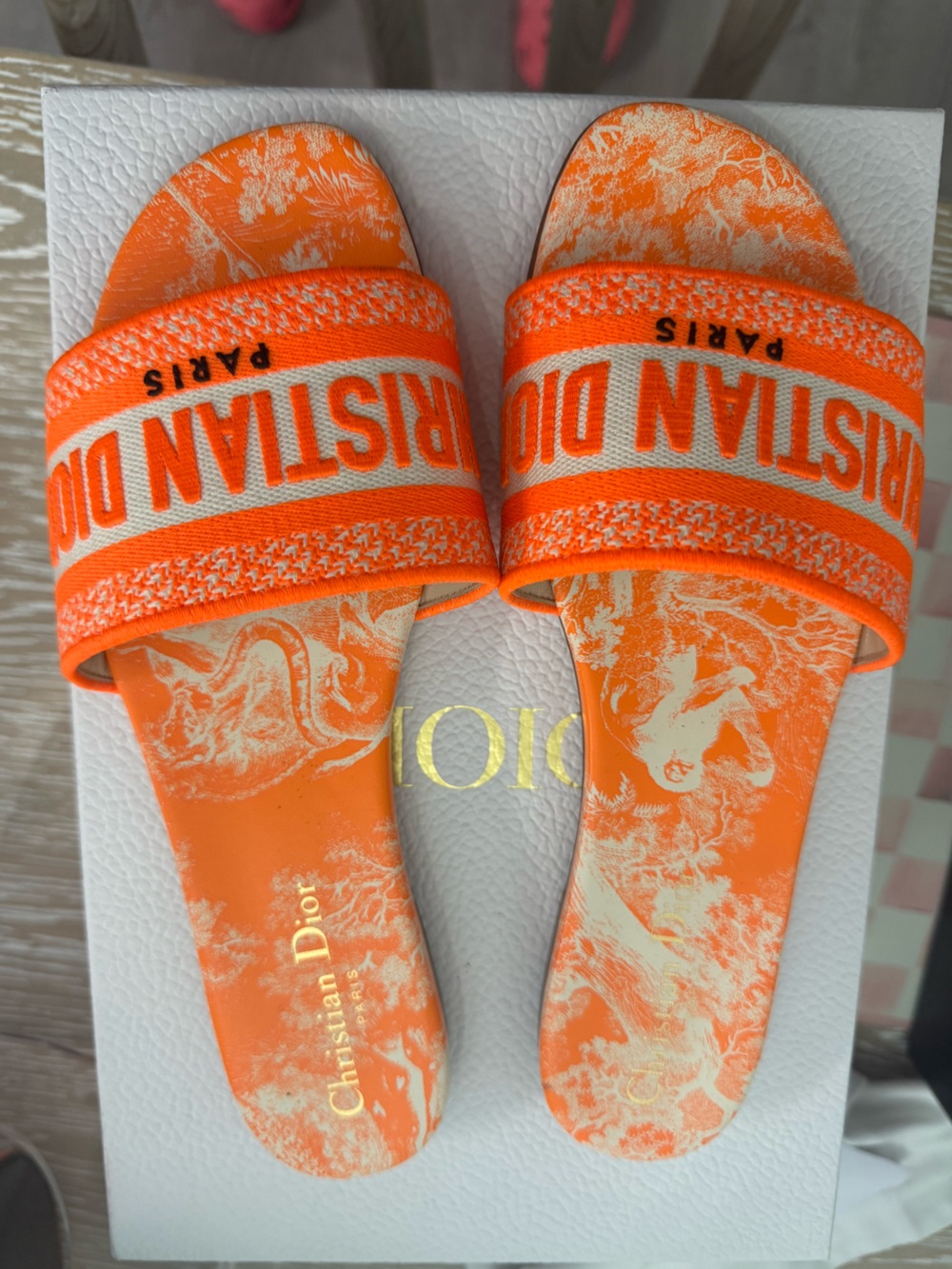 Christian Dior Neon Orange Canvas Slide Sandals